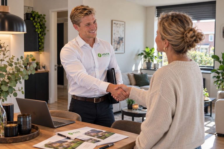 Adviseur van VoltixEnergy bij een klant thuis aan de eettafel