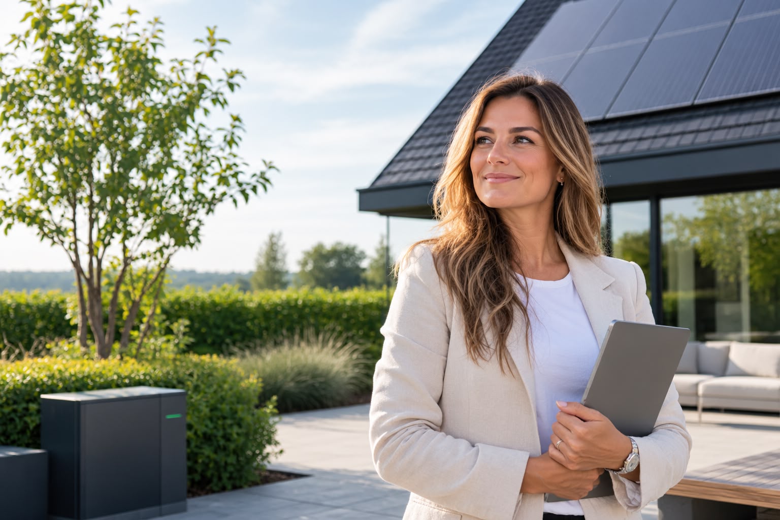 Adviseur van VoltixEnergy buiten bij een woning met zonnepanelen