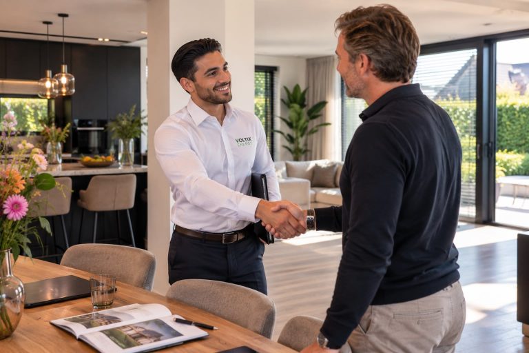 Adviseur van VoltixEnergy begroet een klant in de woonkamer