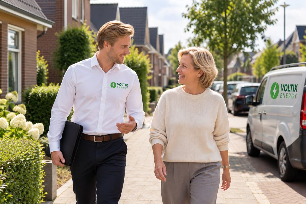 Adviseur van VoltixEnergy loopt met een klant door de straat