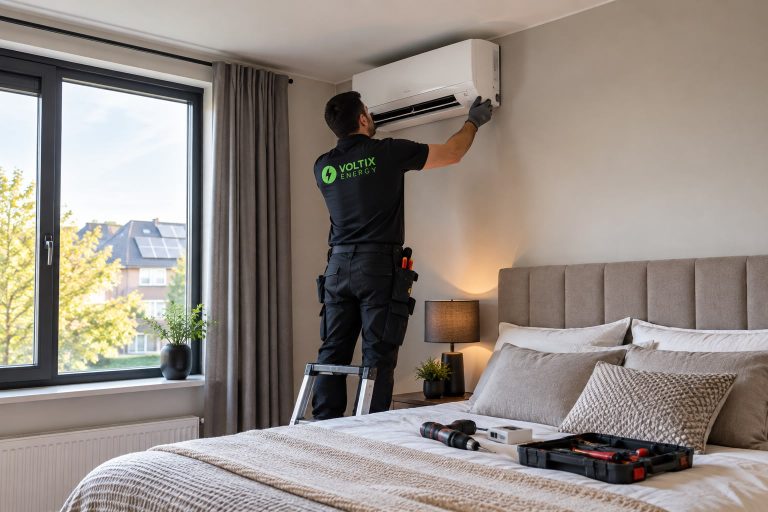 Monteur van VoltixEnergy installeert een airco boven het bed
