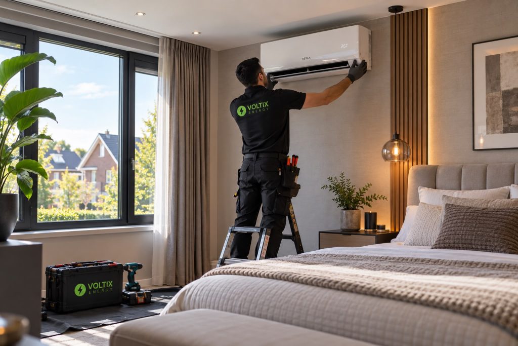 Monteur van VoltixEnergy hangt een airco op in de slaapkamer