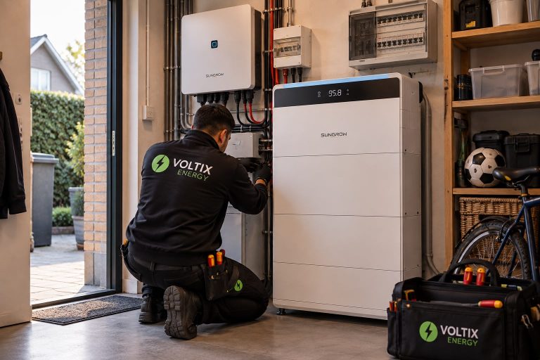 Installateur van VoltixEnergy werkt aan een thuisbatterij en omvormer in de berging