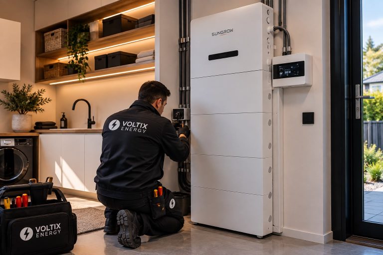 Installateur van VoltixEnergy installeert een thuisbatterij in de bijkeuken