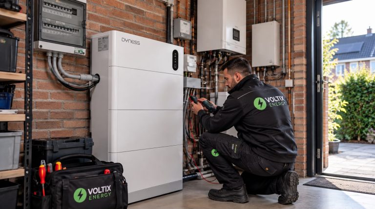 Installateur van VoltixEnergy meet de aansluiting van een thuisbatterij door