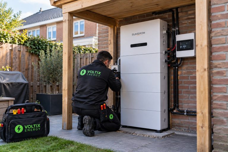 Installateur van VoltixEnergy sluit een thuisbatterij aan onder een overkapping