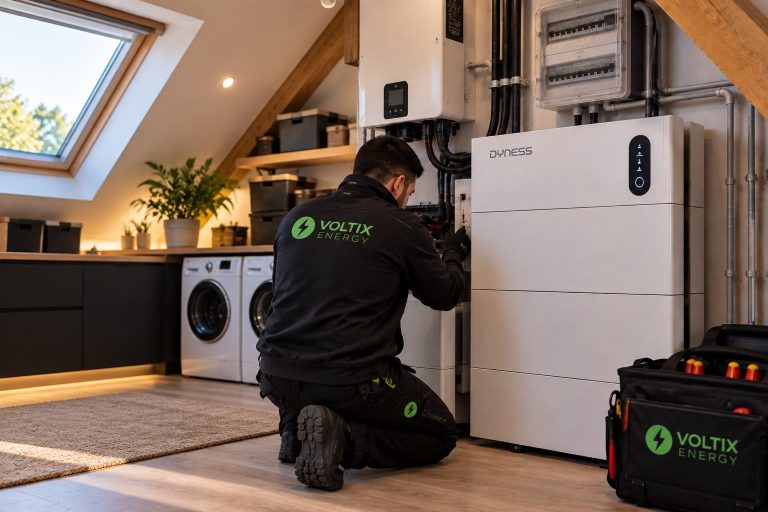 Installateur van VoltixEnergy installeert een thuisbatterij op zolder