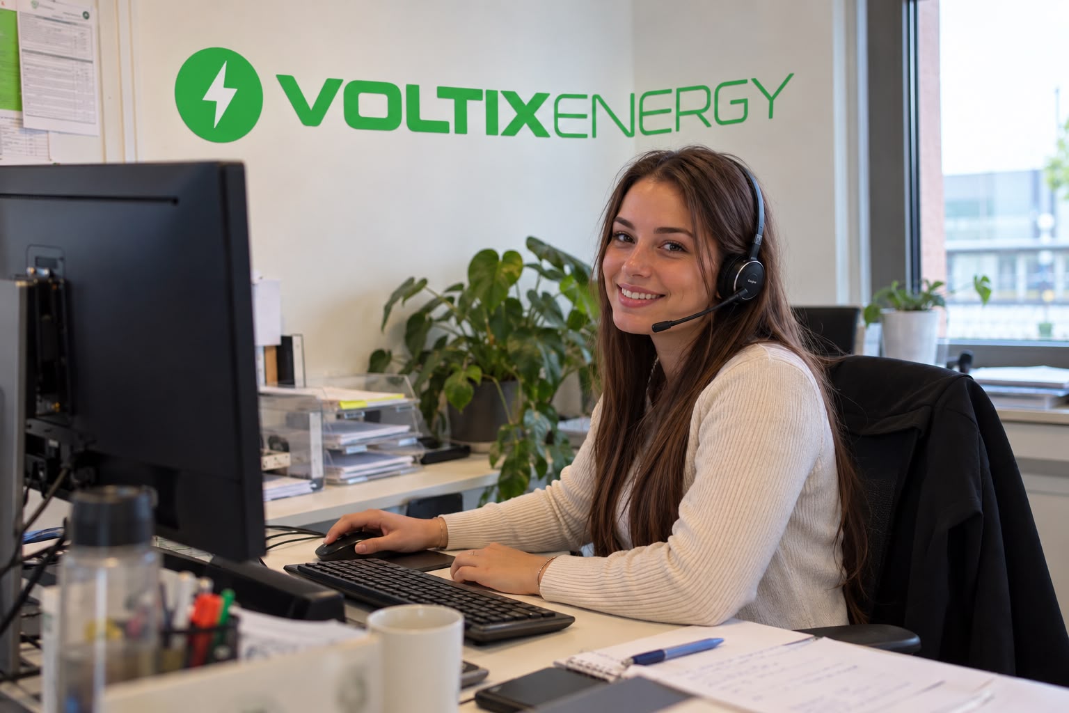 Medewerker van VoltixEnergy met headset aan het bureau