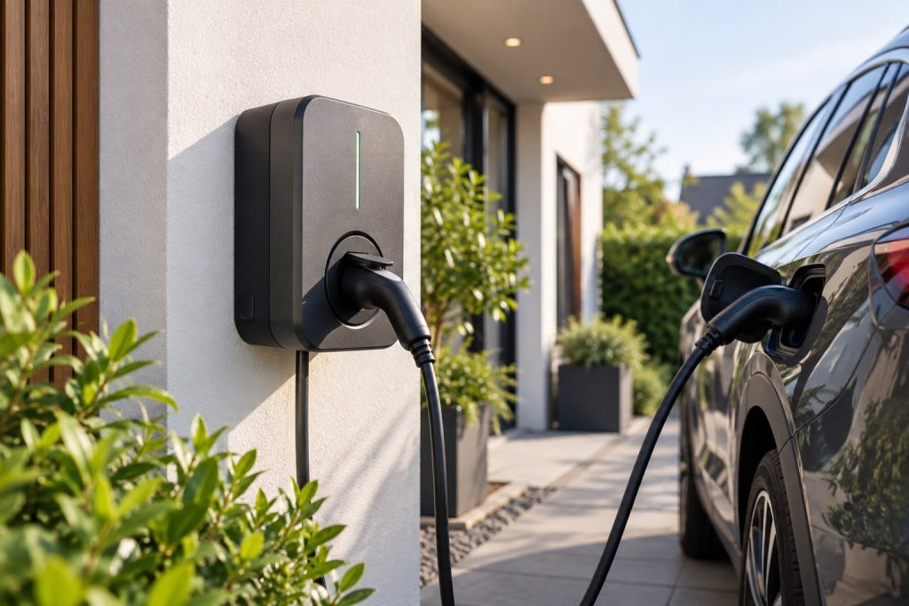Elektrische auto laadt op bij een laadpaal aan de gevel