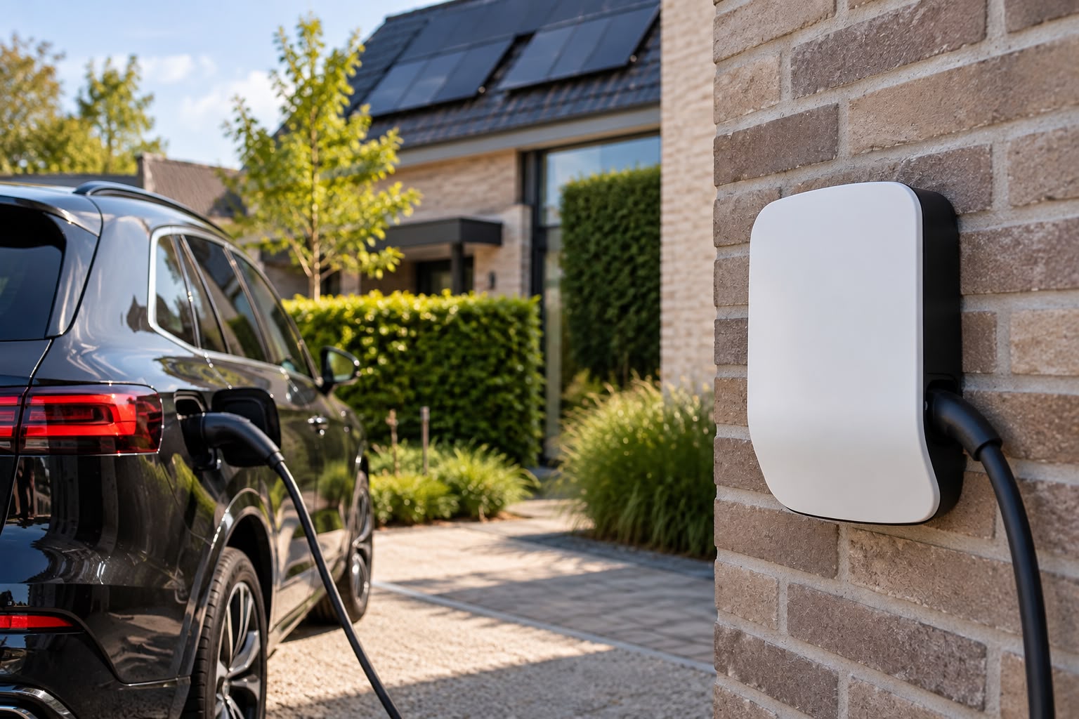 Laadpaal aan de gevel met een elektrische auto op de oprit