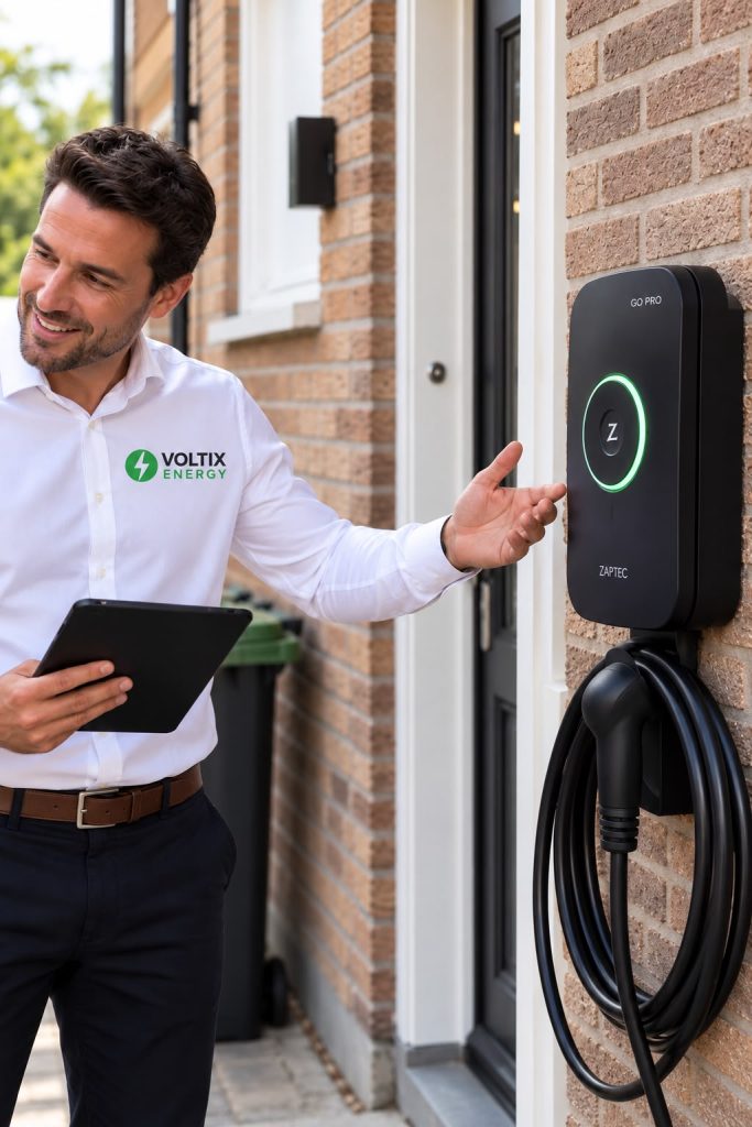 Adviseur van VoltixEnergy legt de laadpaal aan de gevel uit