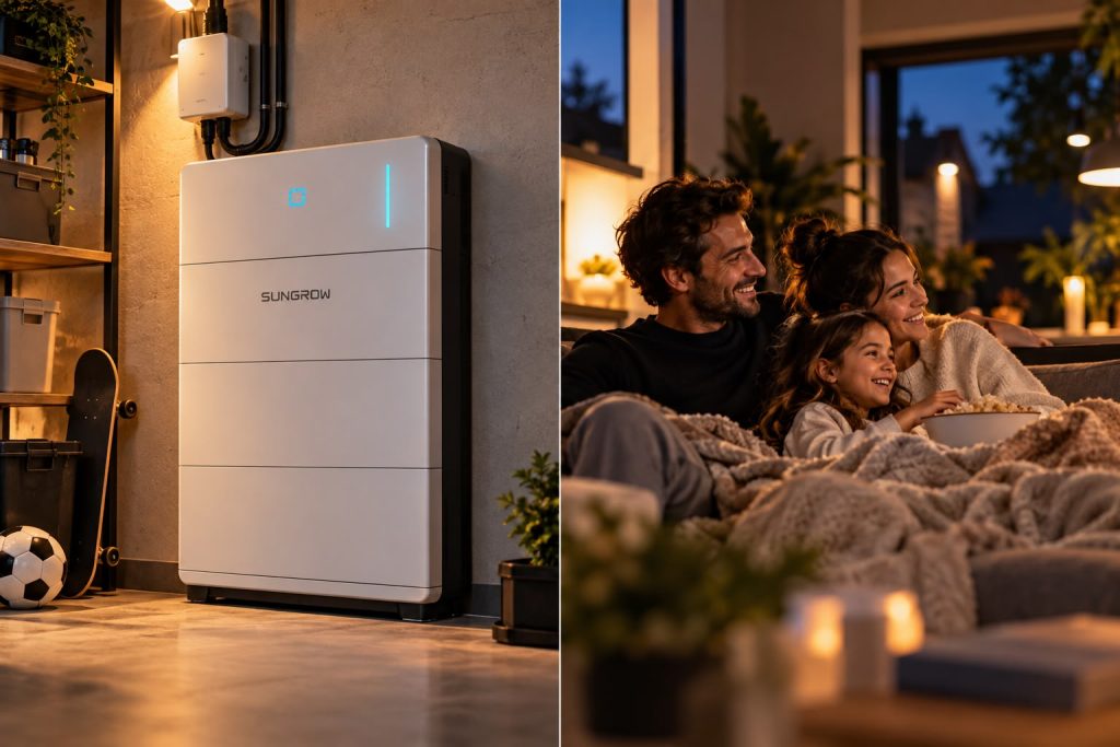 Thuisbatterij in de berging en een gezin dat 's avonds op de bank zit