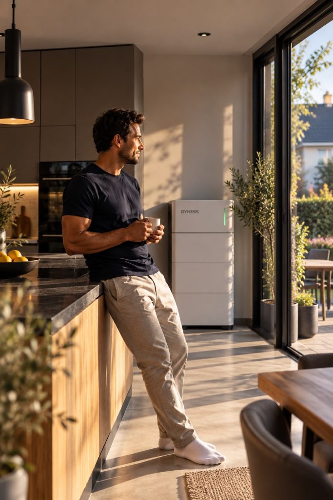 Bewoner met koffie in de keuken, met de thuisbatterij op de achtergrond