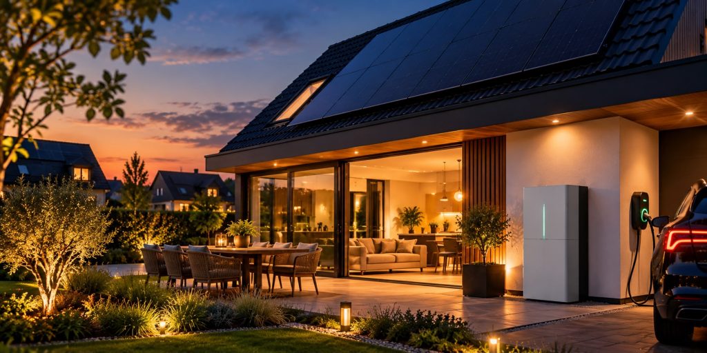 Moderne woning met zonnepanelen, thuisbatterij en laadpaal in de avond
