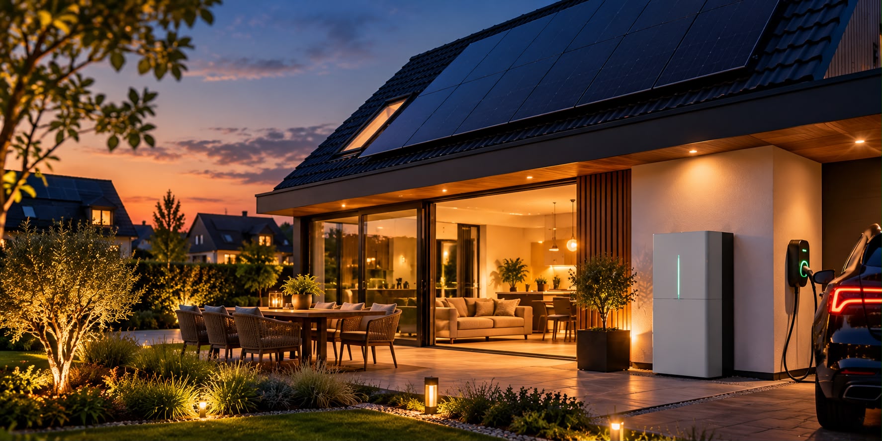 Moderne woning met zonnepanelen, thuisbatterij en laadpaal in de avond