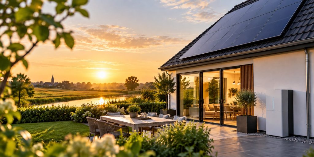 Thuisbatterij op het terras van een woning met zonnepanelen bij zonsondergang
