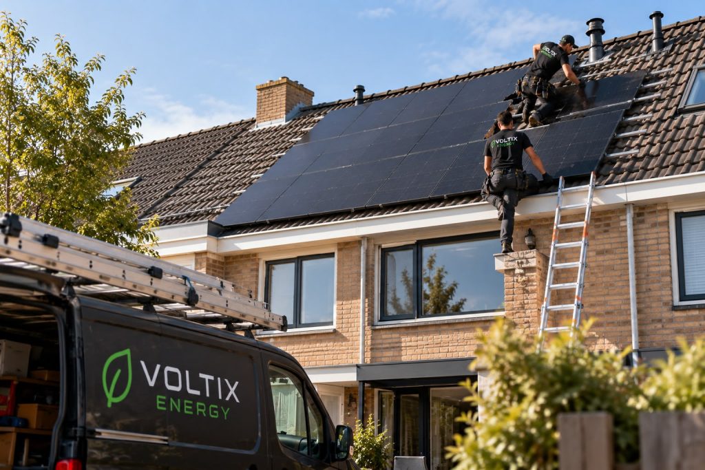 Monteurs van VoltixEnergy leggen zonnepanelen op een rijtjeswoning