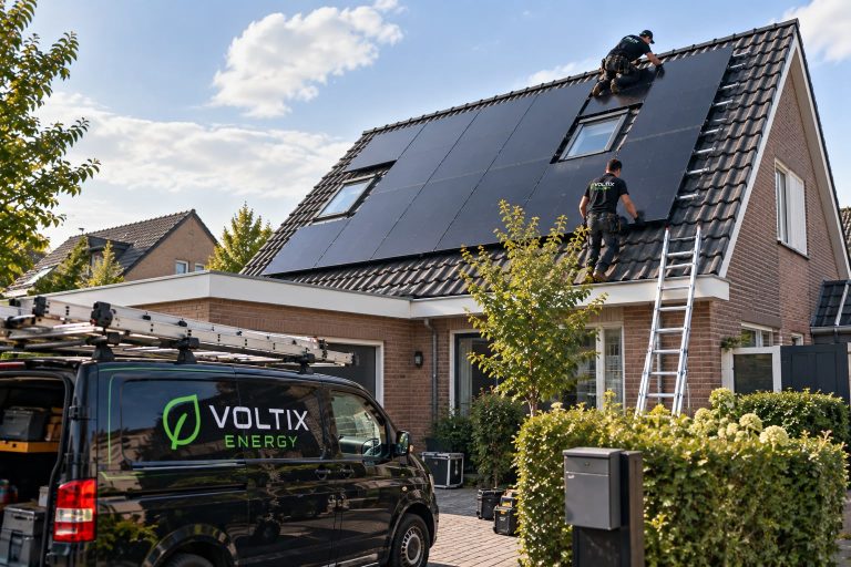 Monteurs van VoltixEnergy op het dak tijdens de installatie van zonnepanelen