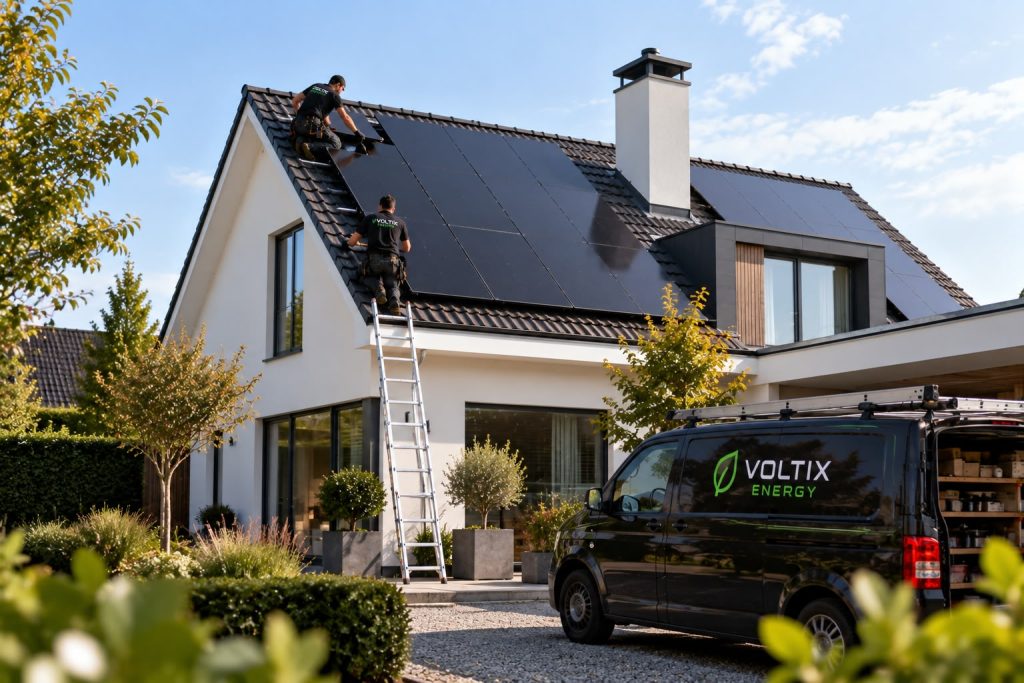 Monteurs van VoltixEnergy installeren zonnepanelen op een vrijstaande woning