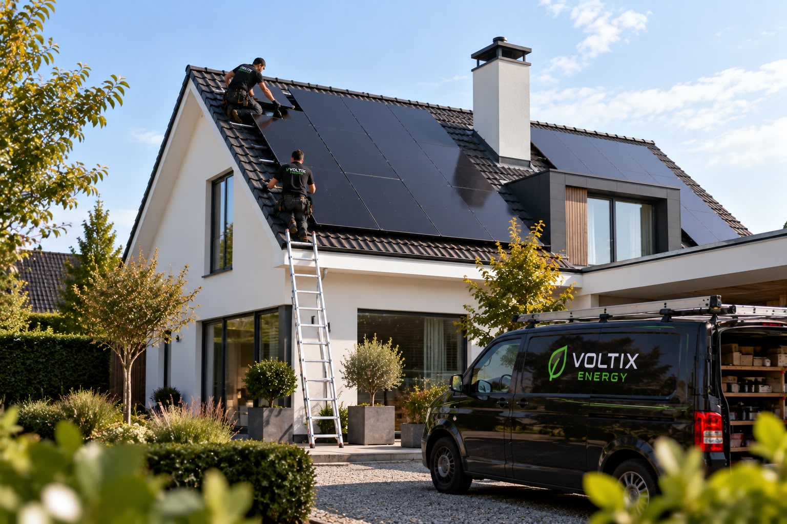 Monteurs van VoltixEnergy installeren zonnepanelen op een vrijstaande woning